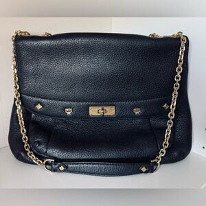 MCM Black Pebbled Leather Shoulder Bag with Gold Chain